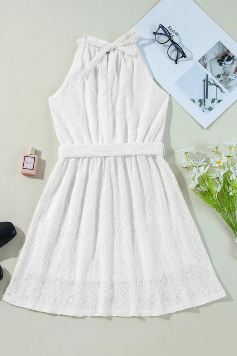 White Lace Sleeveless Knot Hollow Out Back Tied Waist Mini Dress - Love Salve